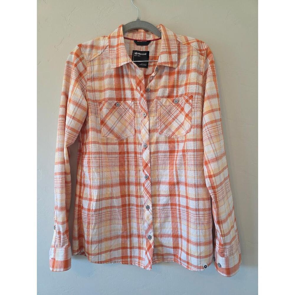 Marmot Orange Plaid Button Up Hiking Shirt Lightweight Outdoor Flannel Size S